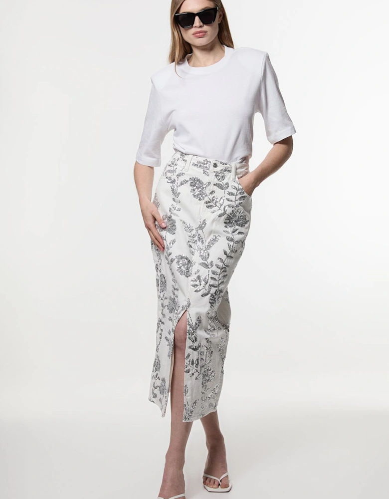 Denim All Over Floral Sequin Skirt