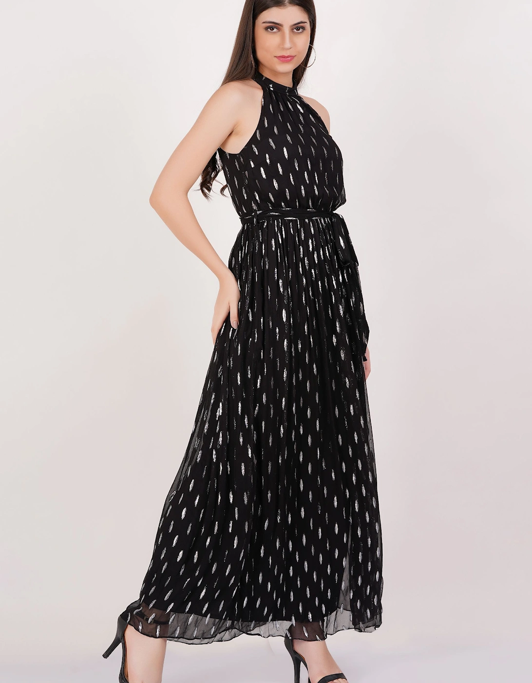 Black Jacquard Halter Neck Maxi Dress, 2 of 1
