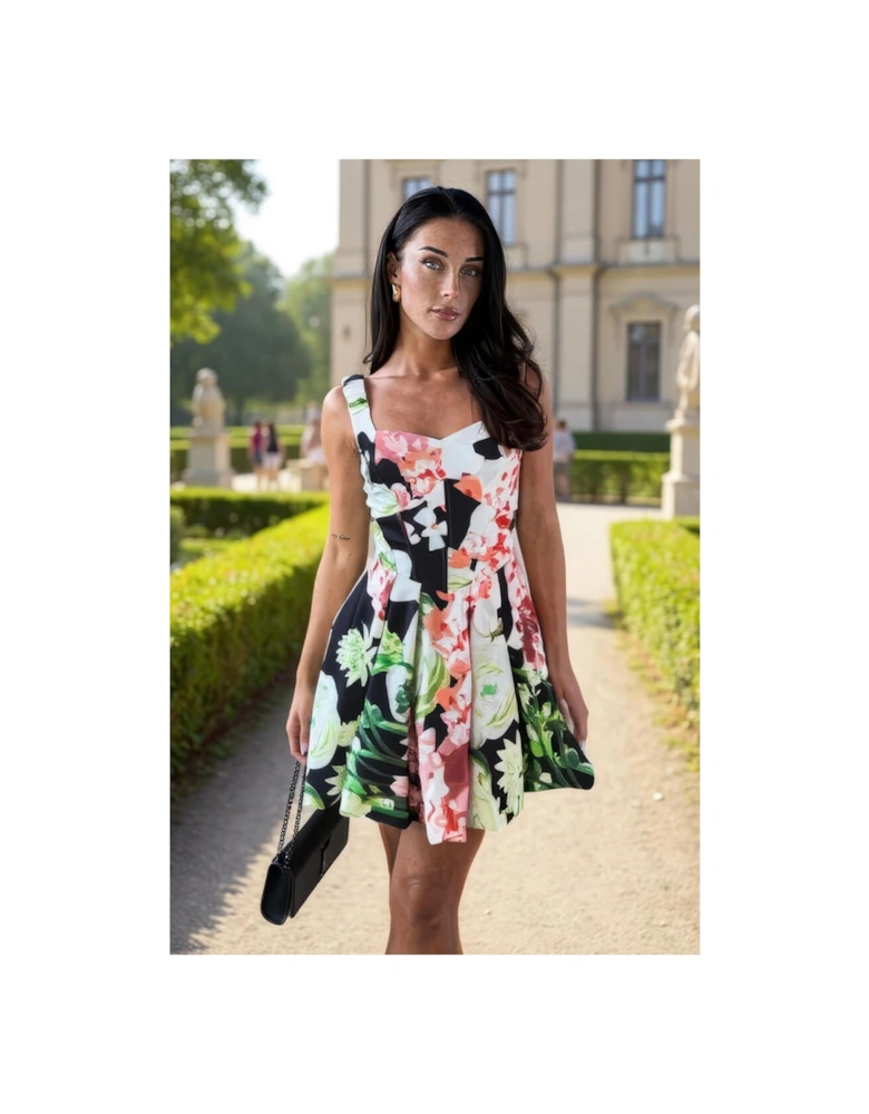 Multi Floral Print Sweetheart Neckline Bubble Hem Mini Dress