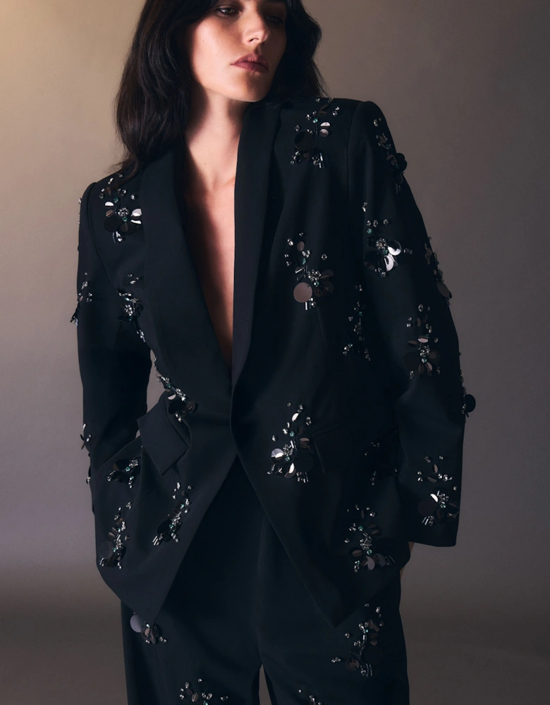 Cluster Sequin & Crystal Embellished Tailored Single Breast Blazer