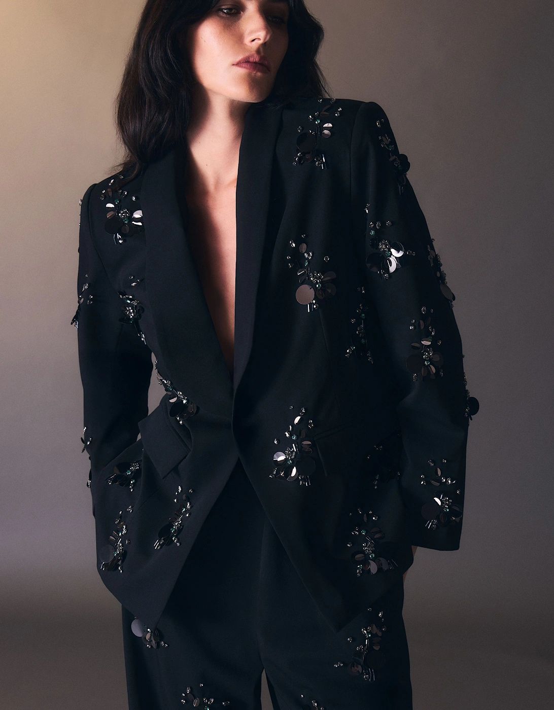 Cluster Sequin & Crystal Embellished Tailored Single Breast Blazer, 2 of 1