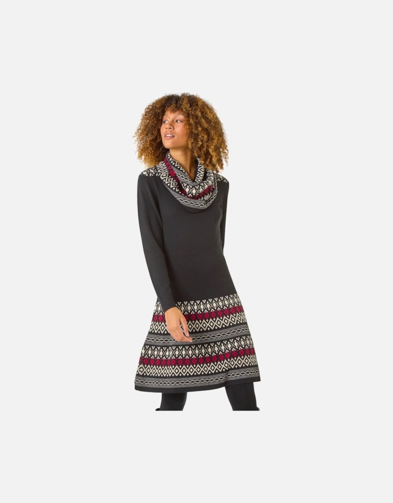 2 in 1 Nordic Print Scarf Neck Knitted Dress