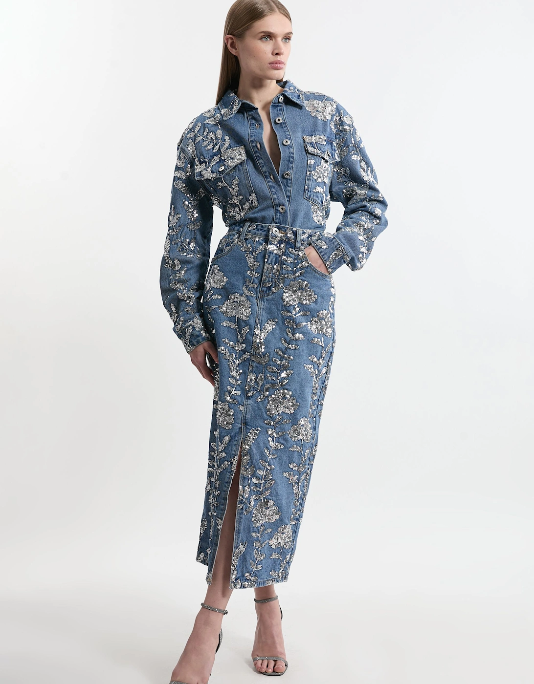 Denim All Over Floral Sequin Skirt, 2 of 1