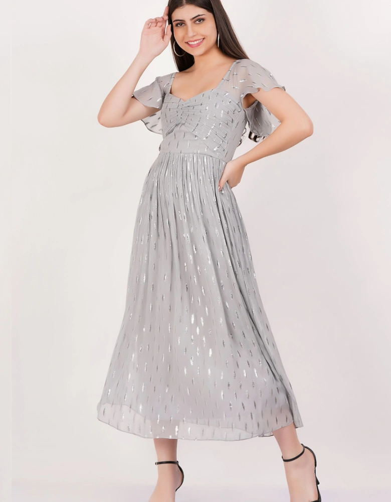Silver Jacquard Metallic Angel Sleeves Midi Dress