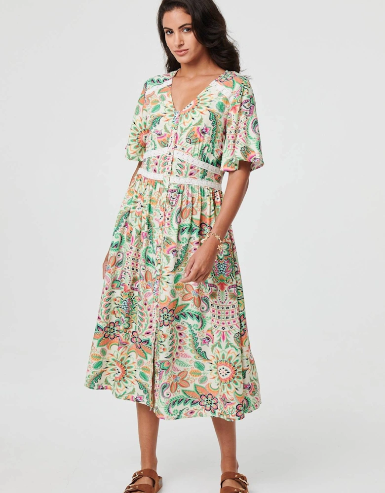 Printed 1/2 Flared Sleeve Midi Dress