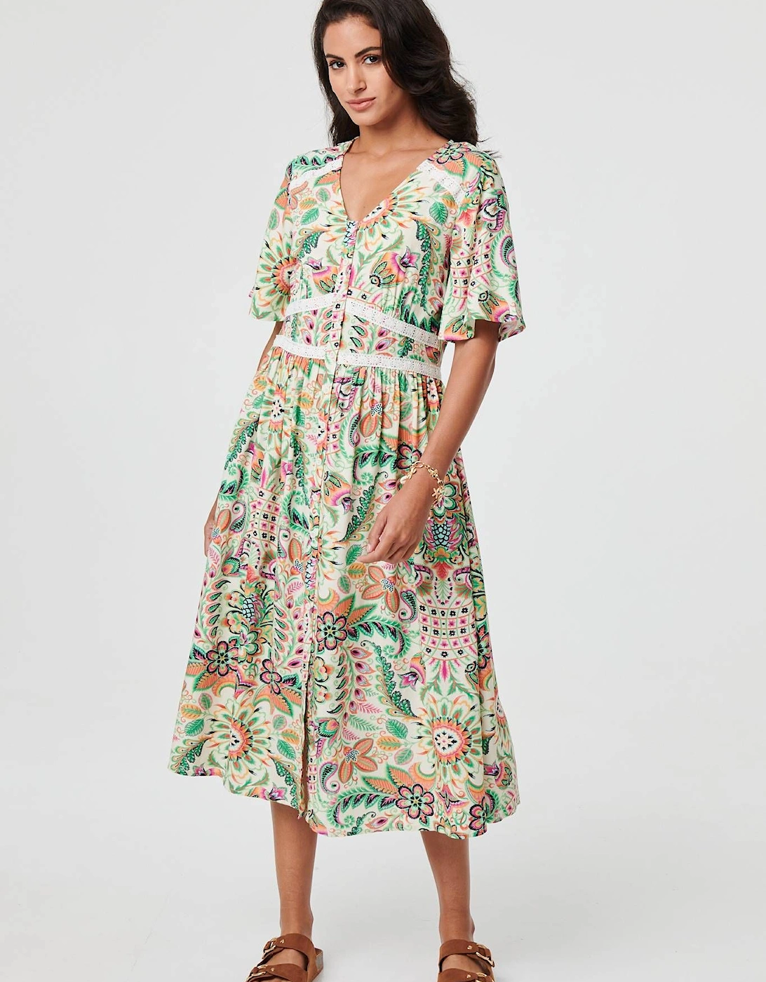 Printed 1/2 Flared Sleeve Midi Dress, 2 of 1