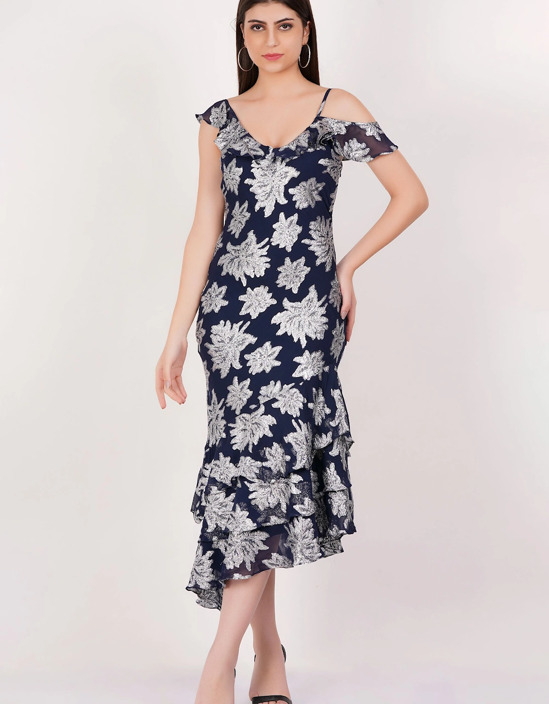 Navy Floral Clipped Tiered Ruffle Midi Dress, 2 of 1