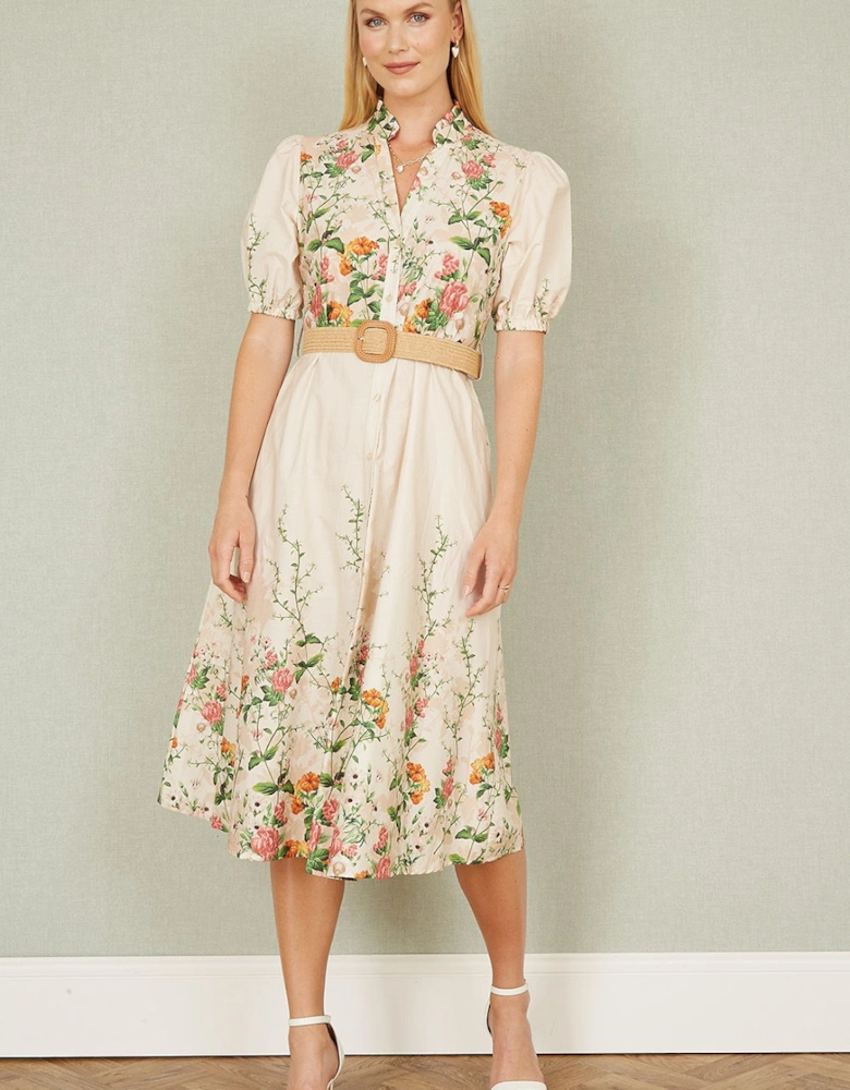 Ivory Cotton Printed Midi Floral Placement Shirt Dress