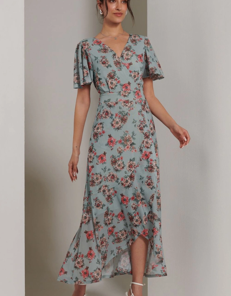 Printed Mesh Frill Dip Hem Dress