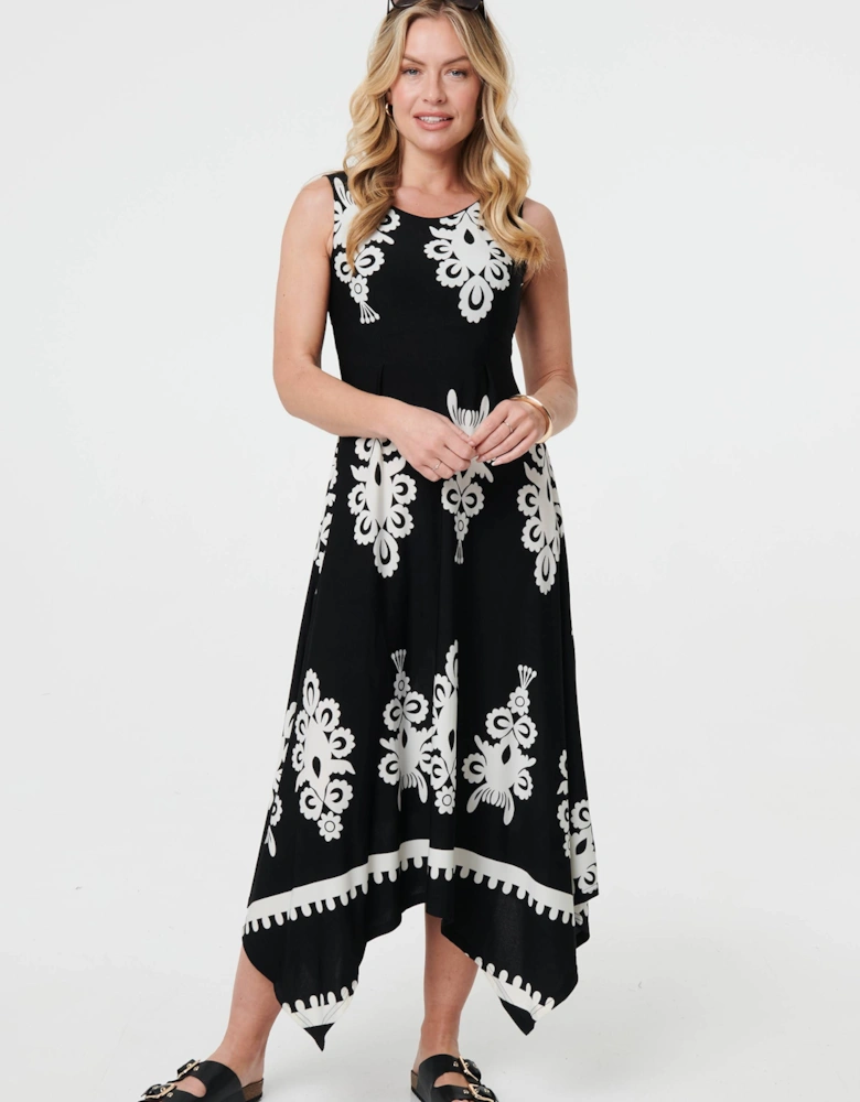 Ikat Print Sleeveless A-Line Midi Dress