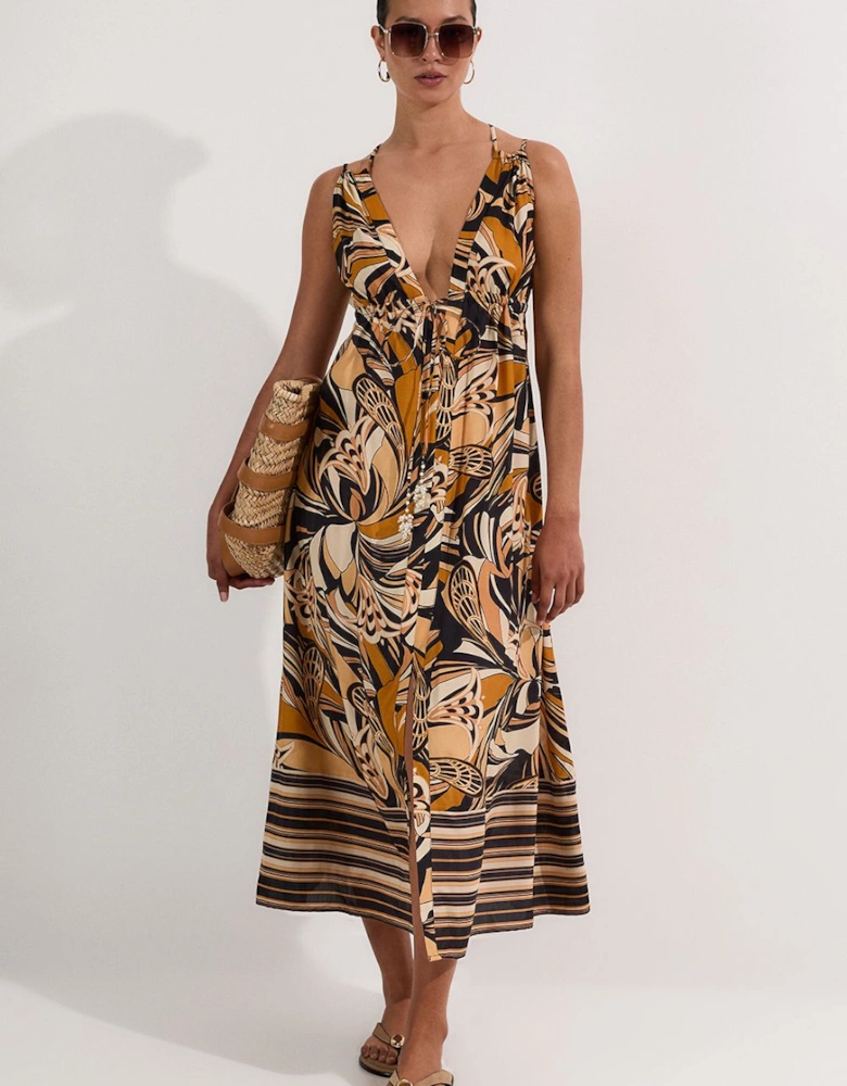 Beach Border Print Spun Viscose Strappy Maxi Dress