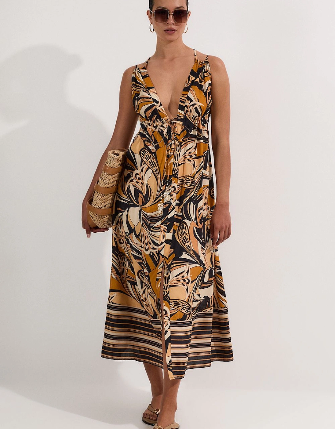 Beach Border Print Spun Viscose Strappy Maxi Dress, 2 of 1