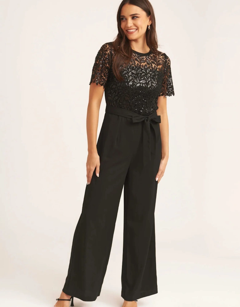 Black Floral Lace Sequin Belted Occasional Jumpsuit