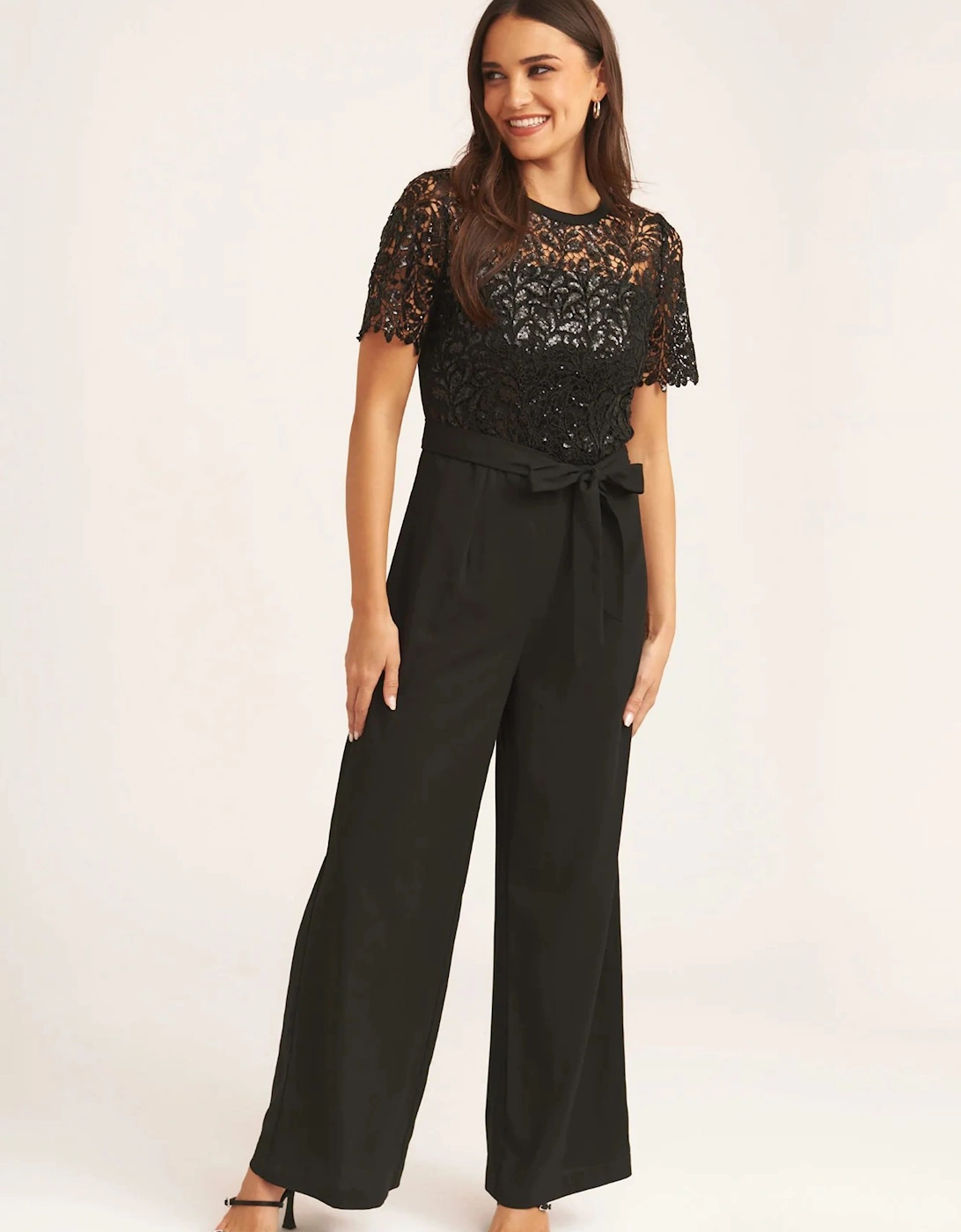 Black Floral Lace Sequin Belted Occasional Jumpsuit, 2 of 1