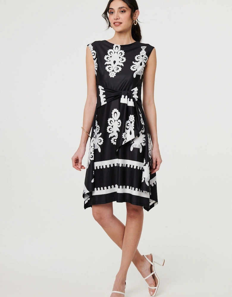 Ikat Print Tie Front Knee Length Dress