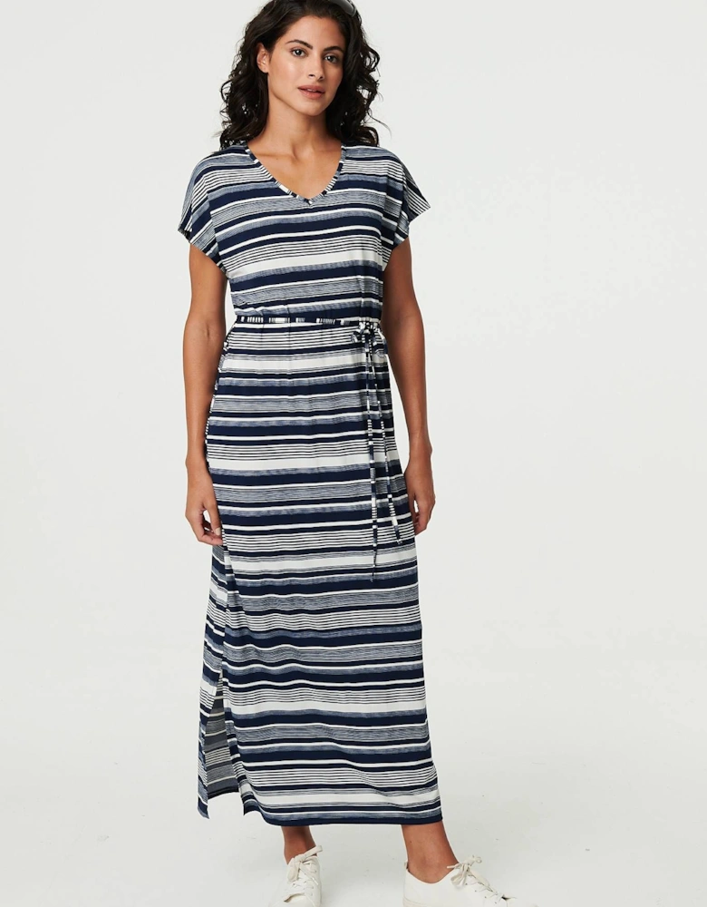 Striped Cap Sleeve Tie Waist Maxi Dress
