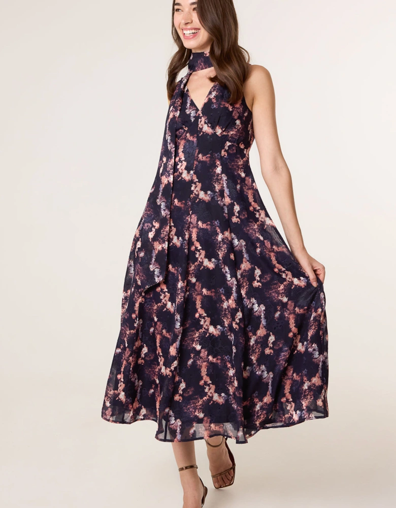 Navy Luxe Tie V Neck Sleeveless Dress