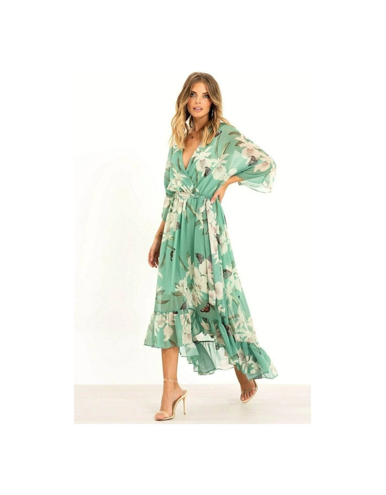 Mint Floral Kimono Sleeves Dip Hem Wrap Midi Dress