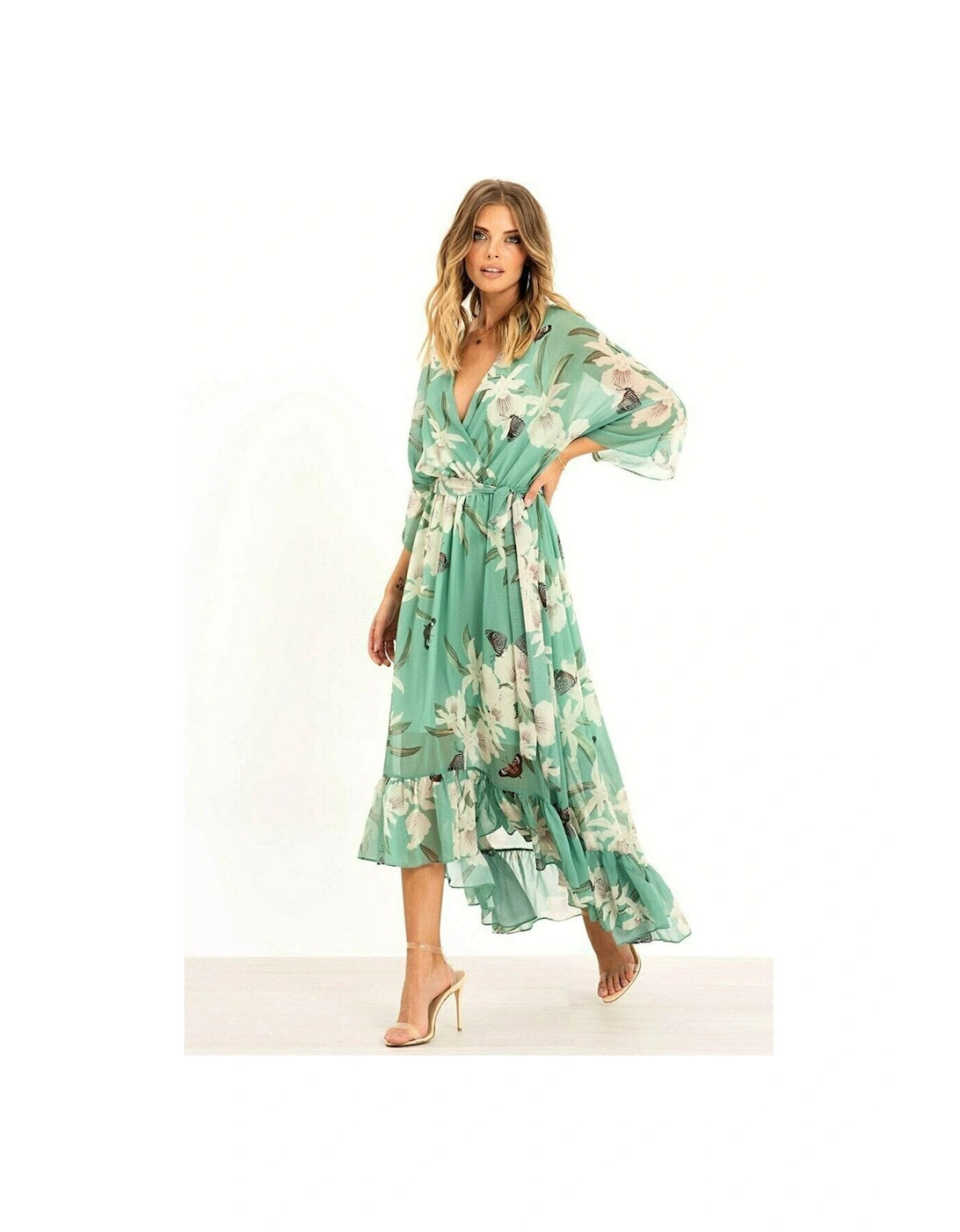 Mint Floral Kimono Sleeves Dip Hem Wrap Midi Dress, 2 of 1