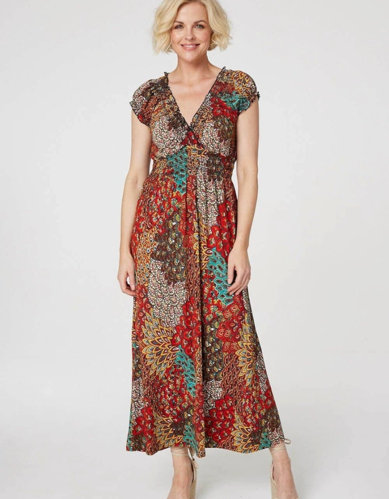 Peacock Print V-Neck Maxi Dress