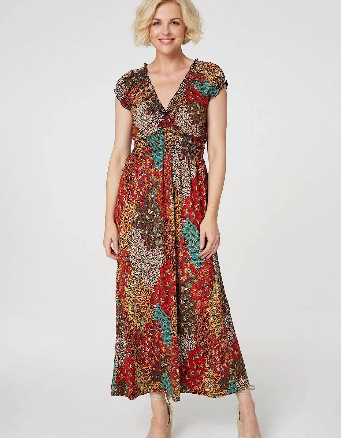 Peacock Print V-Neck Maxi Dress, 2 of 1
