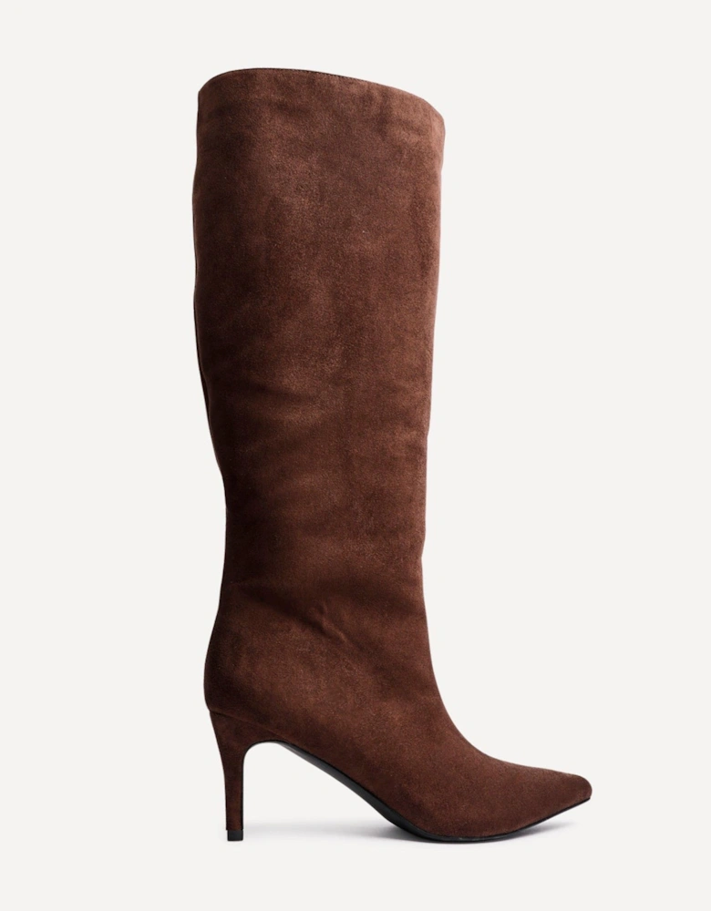 Onyx Brown Faux Suede Pointed Toe High Leg Heeled Boots