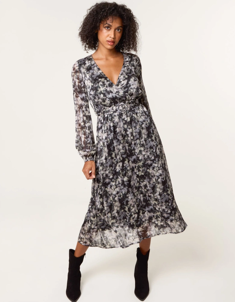 Black Printed Lurex Buckle Belted Midi Dress