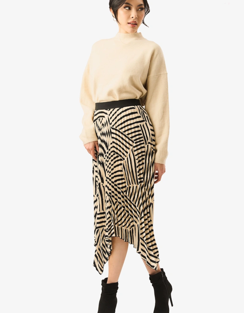 Beige Assymetric Hem Pleated Midi Skirt
