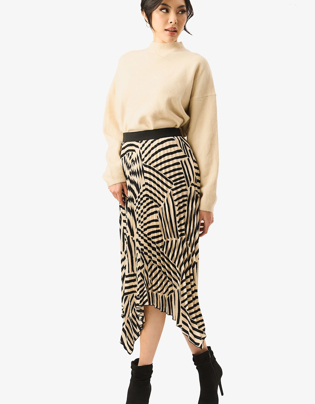 Beige Assymetric Hem Pleated Midi Skirt, 2 of 1