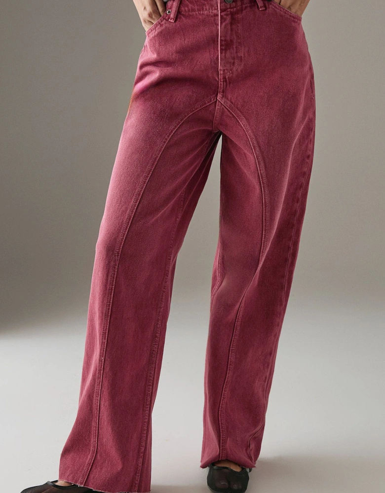 Washed Raw Waist Seam Detail Denim Dad Jean
