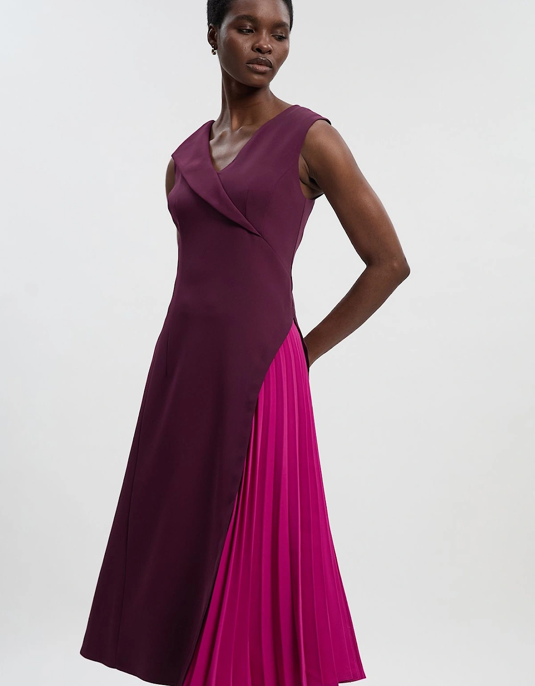Soft Tailored Colour Block Pleated Side Sleeveless Midi Dress, 2 of 1
