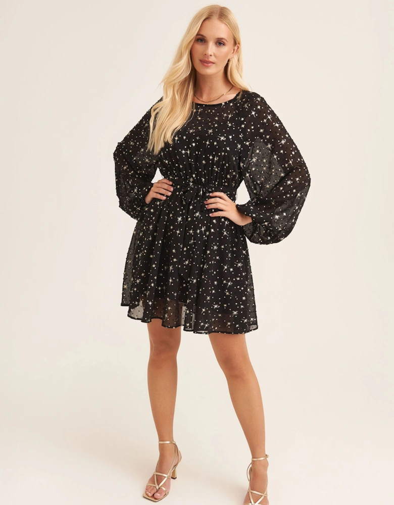 Black Star Print Long Sleeve Mini Dress