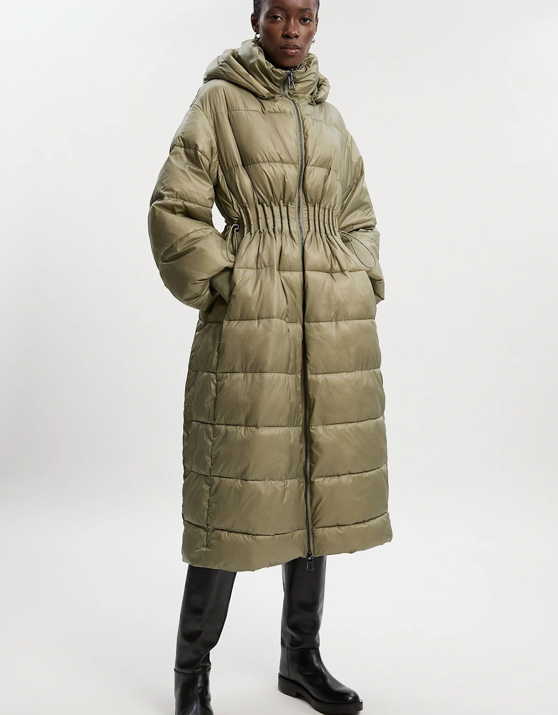 Quilted Drawstring Waist Hooded Rib Cuff Maxi Puffer Coat, 2 of 1