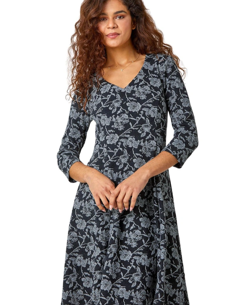 Rose Print Cotton Blend Stretch Dress