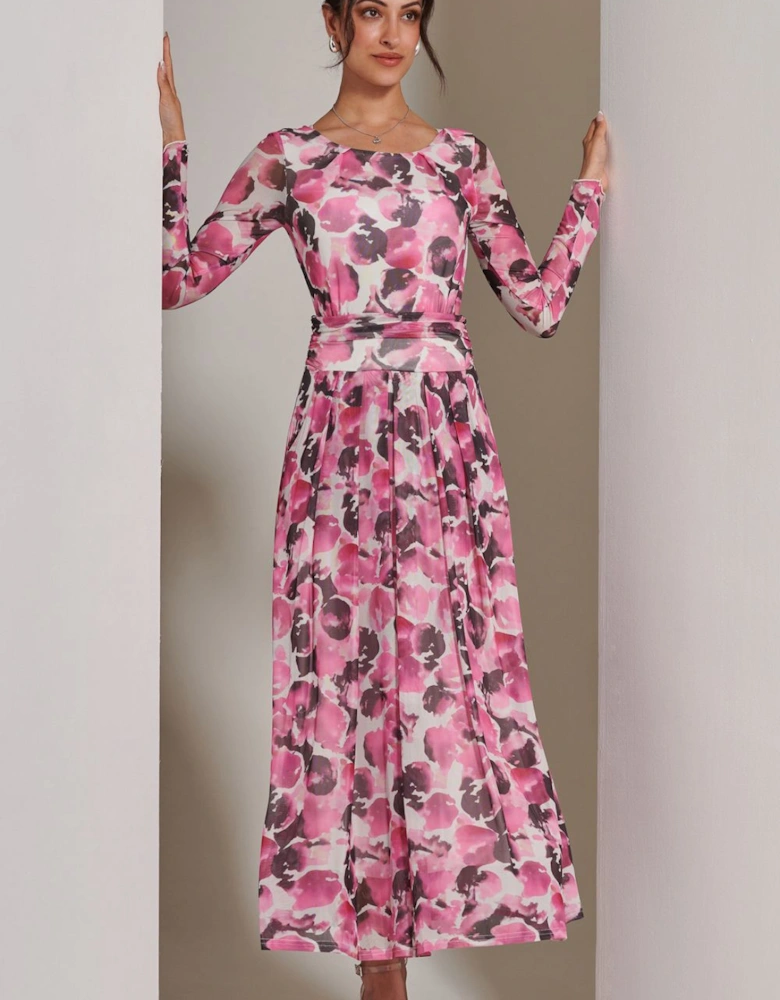 Long Sleeve Printed Mesh Maxi Dress