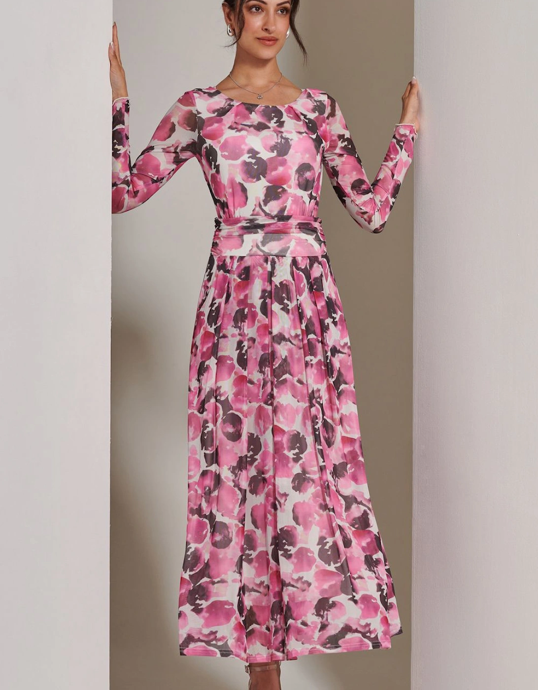 Long Sleeve Printed Mesh Maxi Dress, 2 of 1