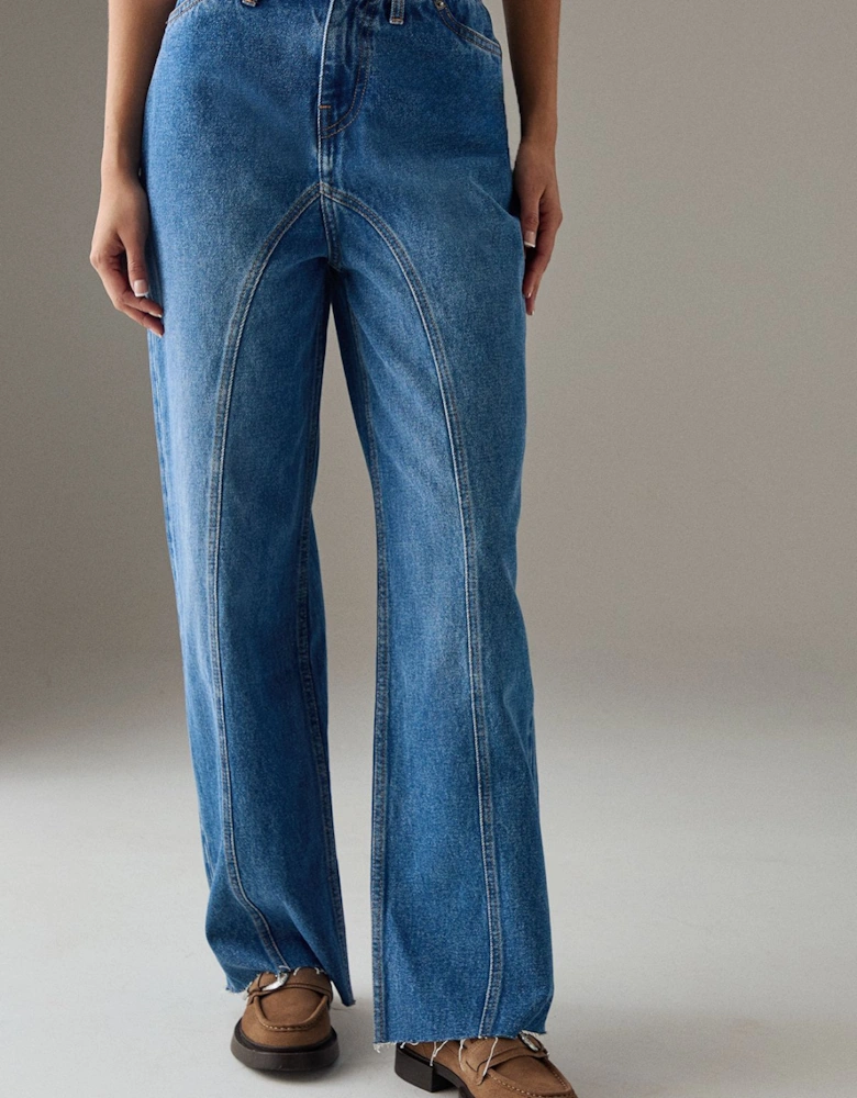 Washed Raw Waist Seam Detail Denim Dad Jean