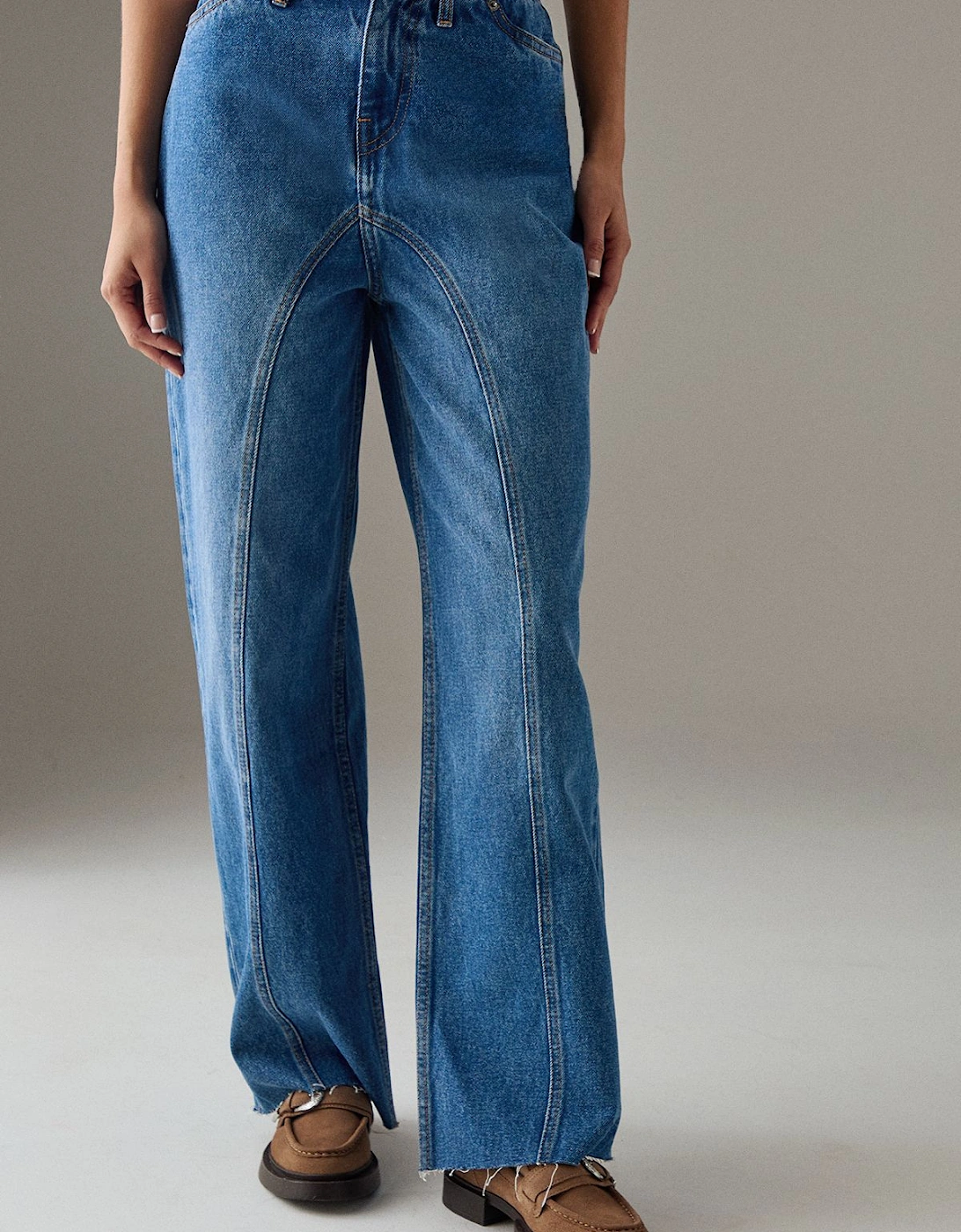 Washed Raw Waist Seam Detail Denim Dad Jean, 2 of 1
