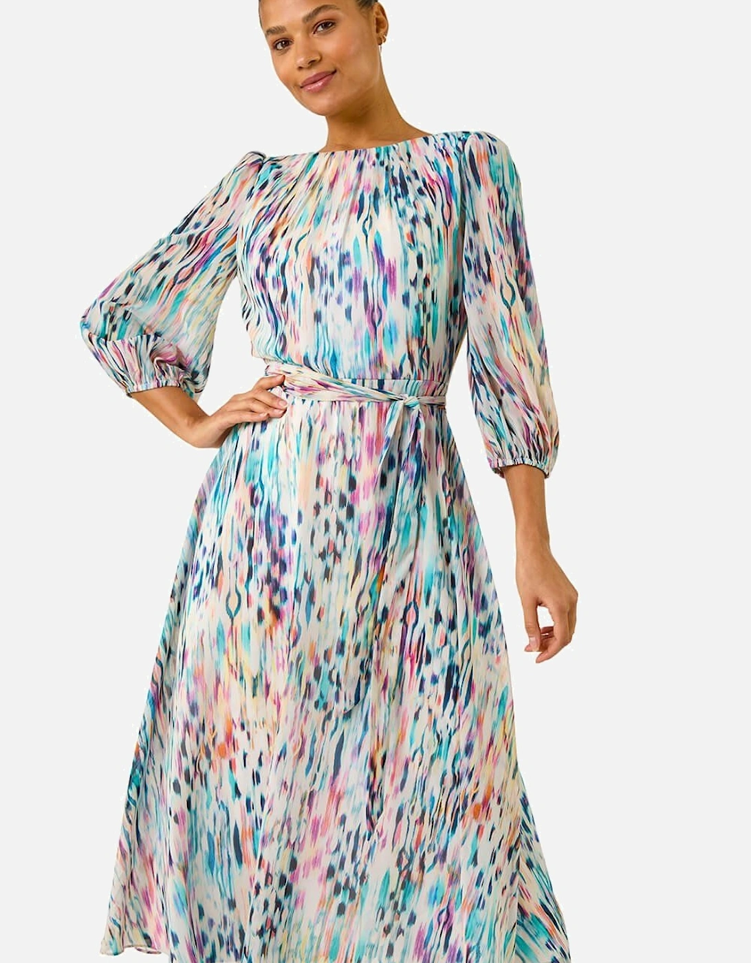 Blurred Print Pleat Neck Midi Dress, 2 of 1
