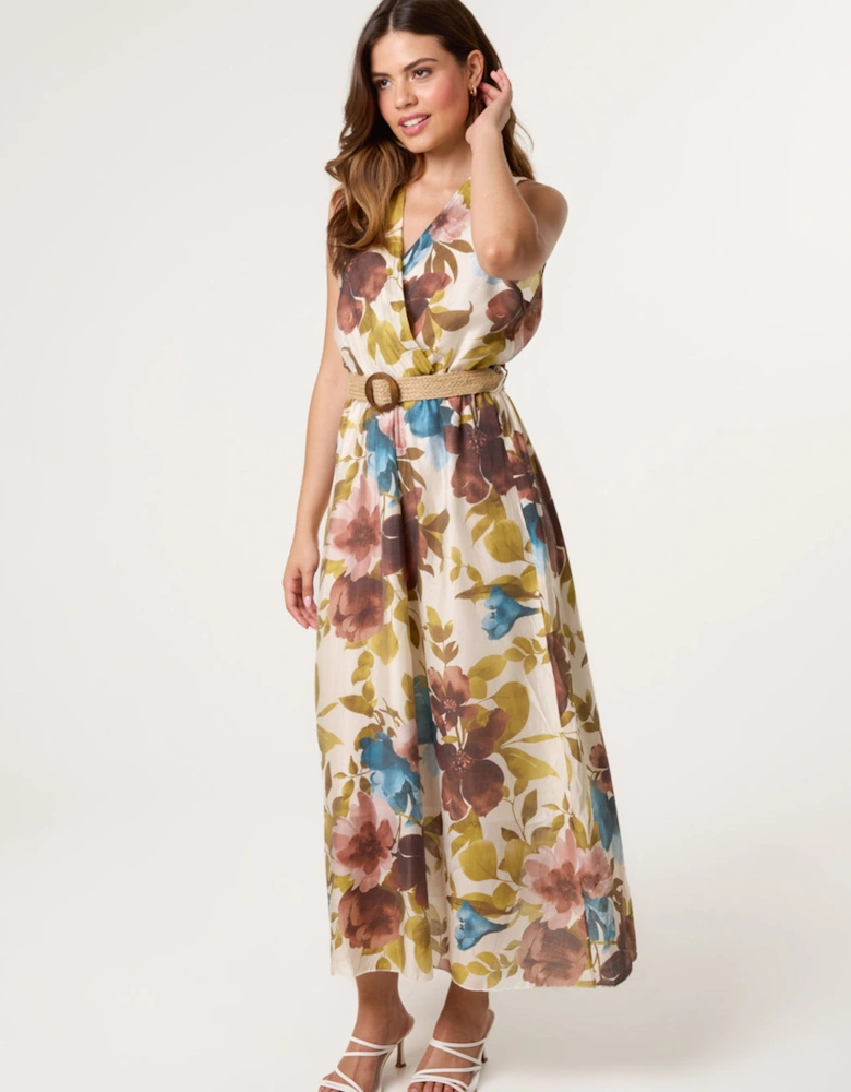 Multi Floral Wrap Belted Fine Silk Dress
