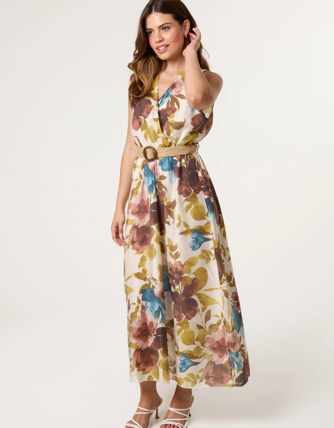 Multi Floral Wrap Belted Fine Silk Dress, 2 of 1