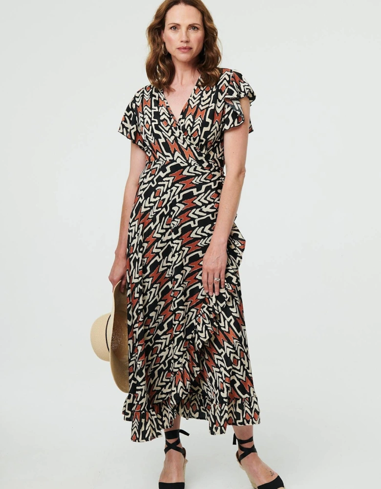 Abstract Frilled Sleeve Wrap Midi Dress