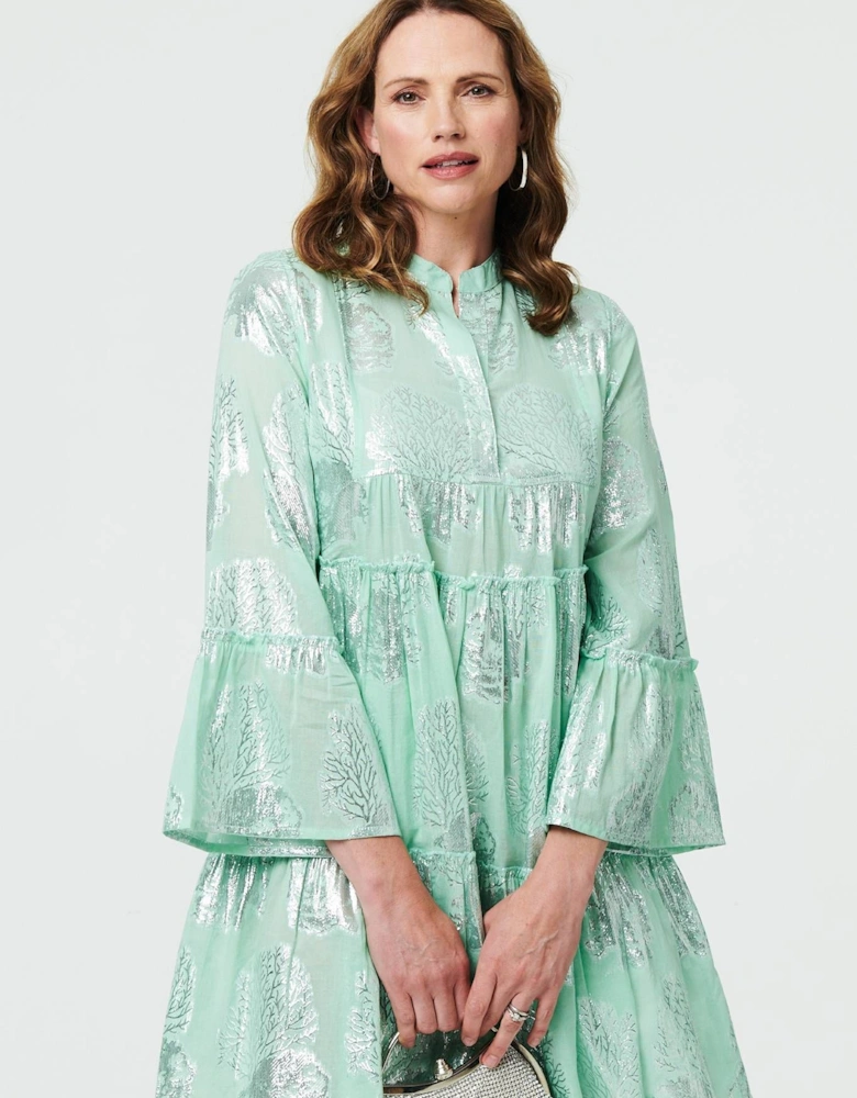 Printed 3/4 Sleeve Tiered Short Dress