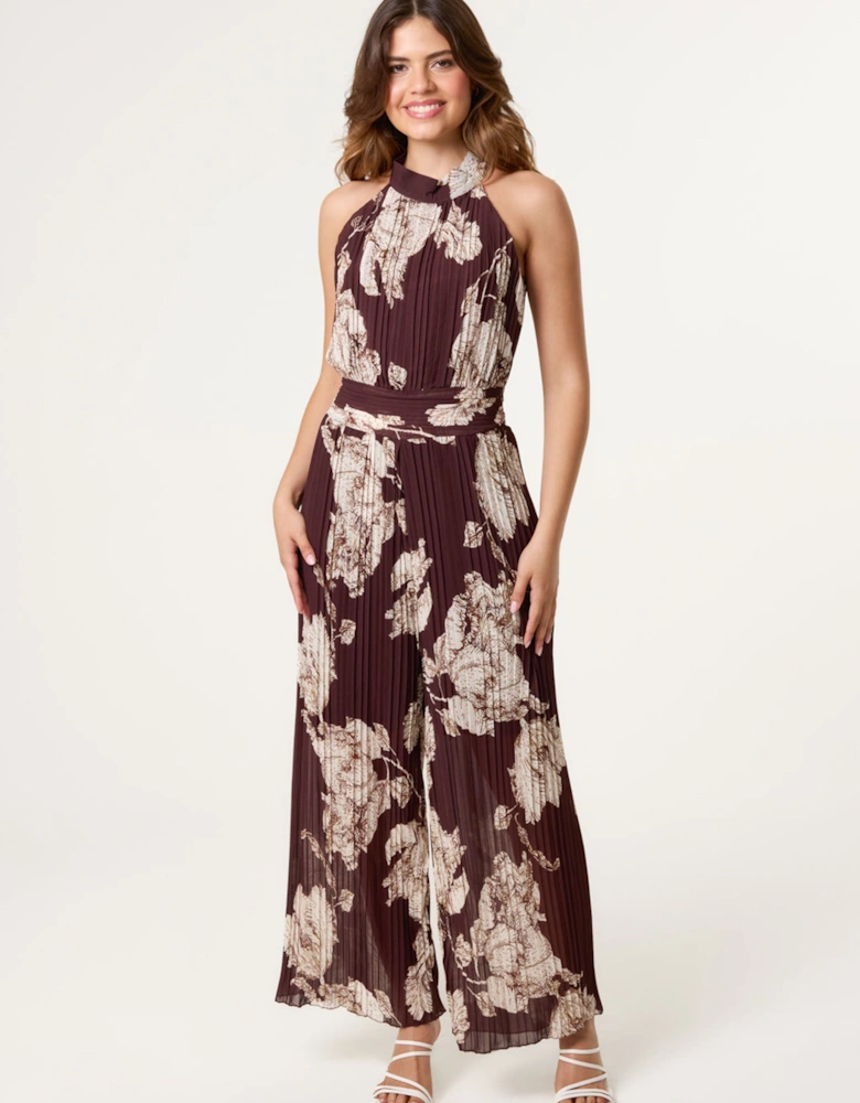 Brown Pleated Halterneck Jumpsuit