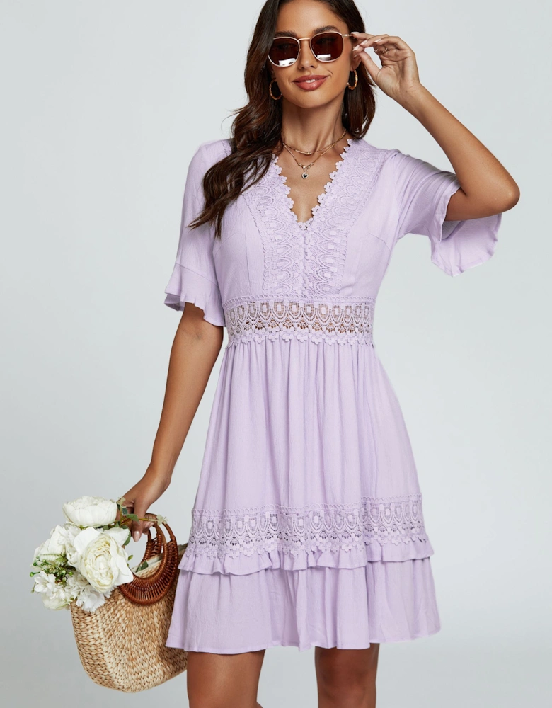 V Neck Lace Mini Dress