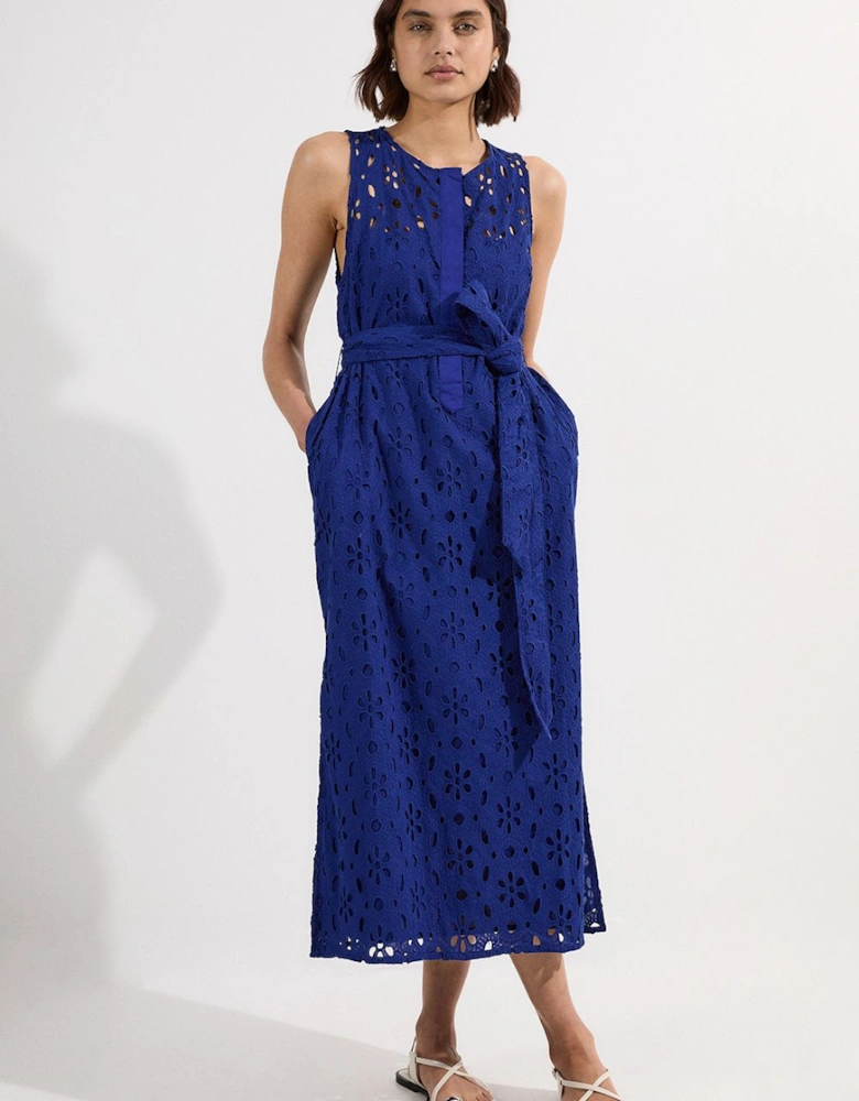 Cotton Broderie Sleeveless Belted Midi Woven Dress