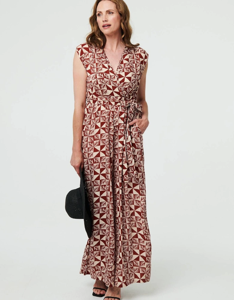 Geo Print Sleeveless Tie Waist Jumpsuit