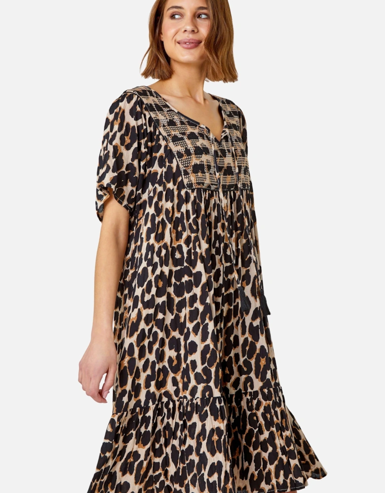 Leopard Print Frill Hem Smock Skater Dress