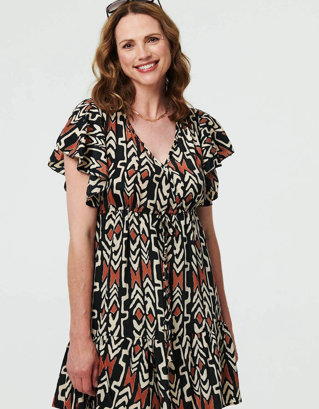 Printed Frilled Sleeve Short Dress, 2 of 1