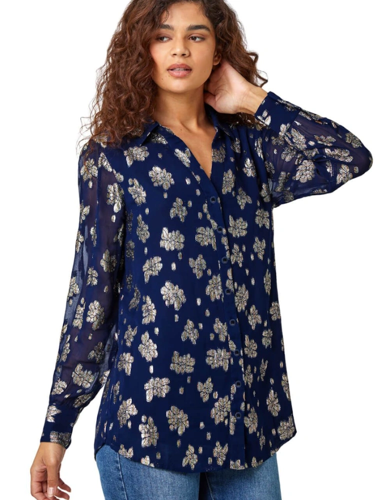 Metallic Floral Print Button Blouse